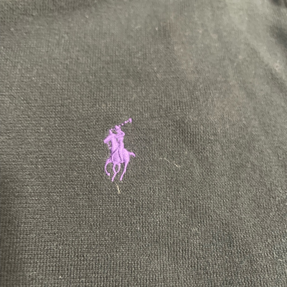 Ralph Lauren Black Polo V neck Sweater with Purple Logo
 100% Pima Cotton
